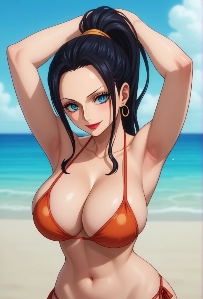 score_9, score_8_up, score_7_up, source_anime, anime screencap, one_piece_style, Nico Robin, black hair, long hair, blue eyes, large breasts, perfect body, looking at viewer, smile, cleavage, from front, looking at viewer, beach,red lipstick, big heart earrings ,long earrings , ponytail, strapless bikini,hands over head