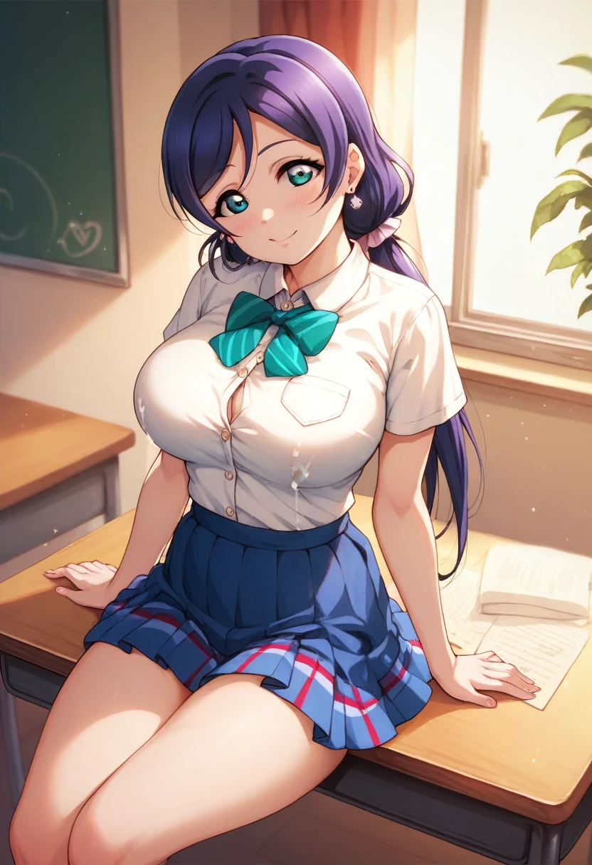 Masterpiece, best quality,Nozomi Tojo love live, cowboy shot,low twintails ,big breasts, shirt , skirt,earrings, in class, sitting above desk table, (lactation through clothes:0.7) 