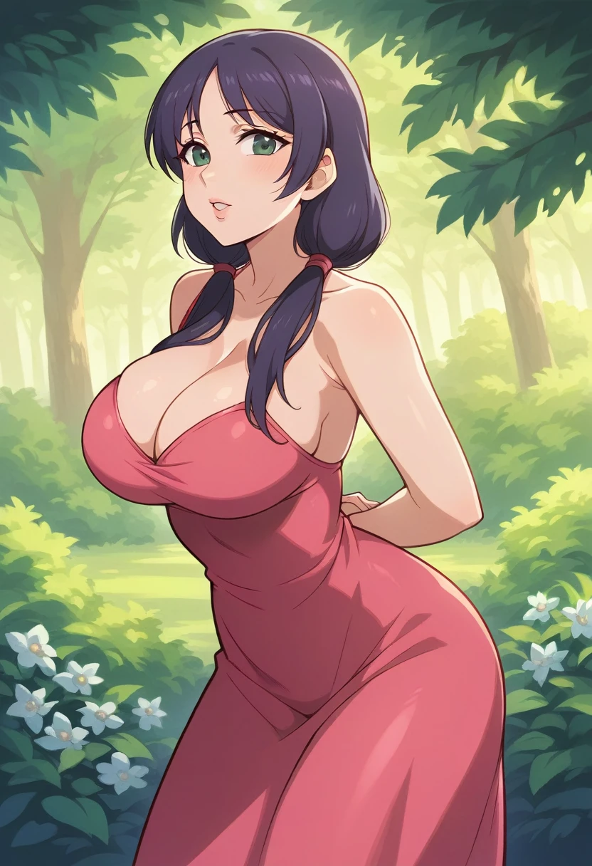 masterpiece, best quality, highres, standing, leaning forward,arms behind back, toujo nozomi, green eyes,low twintails, dress ,clothing ,strawberry dress, outdoors, looking at viewer, sexy, sexy pose, sexual arousal,(lips:0.6), big breasts,thicc body