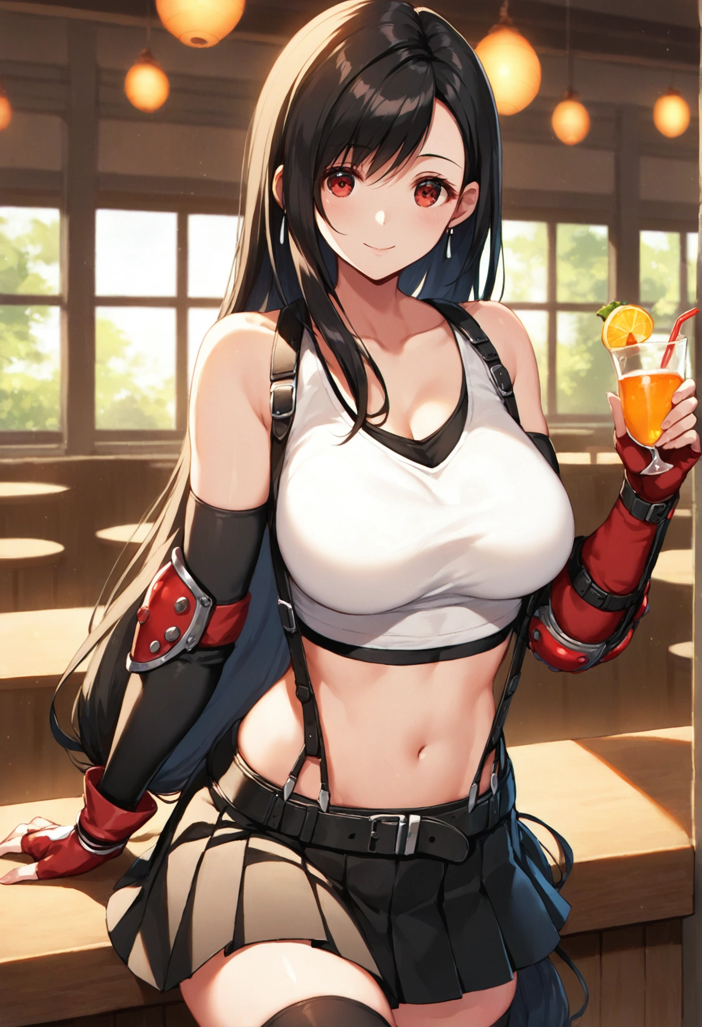 (score_9, score_8_up, score_7_up),  (best quality, masterpiece),perfect anatomy,(aesthetic,very aesthetic),official style,(intricate.hyper-detailed),overall detail, (ultra-high resolution), 1girl, tifa lockhart, final fantasy,(beautiful woman).tareme, black hair, low-tied long hair, red eyes, bangs, white tank top,gap, belt, pleated skirt, thighhighs, elbow fingerless gloves, elbow pads, midriff, navel,suspender skirt.zettai ryouiki ,,(large_breasts:1.2),Solo,mediumshot,looking_at_viewer,contrapposto, vibrant, joyful,cafe and bar, ,Framin,