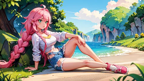 （（best qualityer，8k，masterpiece artwork：1.4））， pink  hair，long braid on one side， exteriors， pure white one word bandeau underwe...