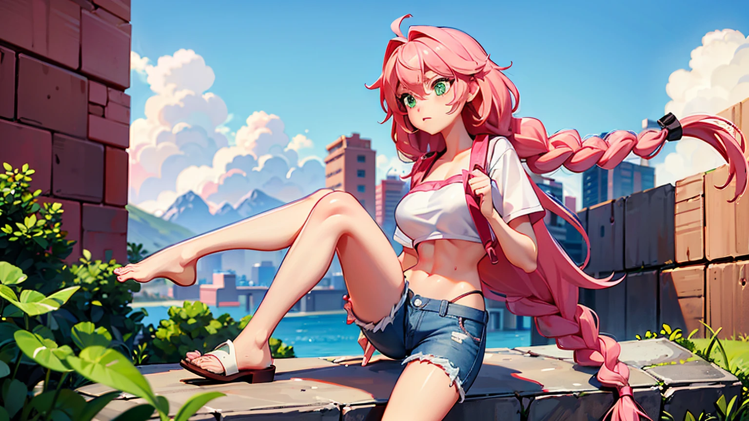 （（best qualityer，8k，Masterpiece artwork：1.4））， pink  hair，Long braid on one side， exteriors， Pure white one word bandeau underwear，large peeled Hindi，sweaty legs，Tight and ripped denim shorts， greeneyes