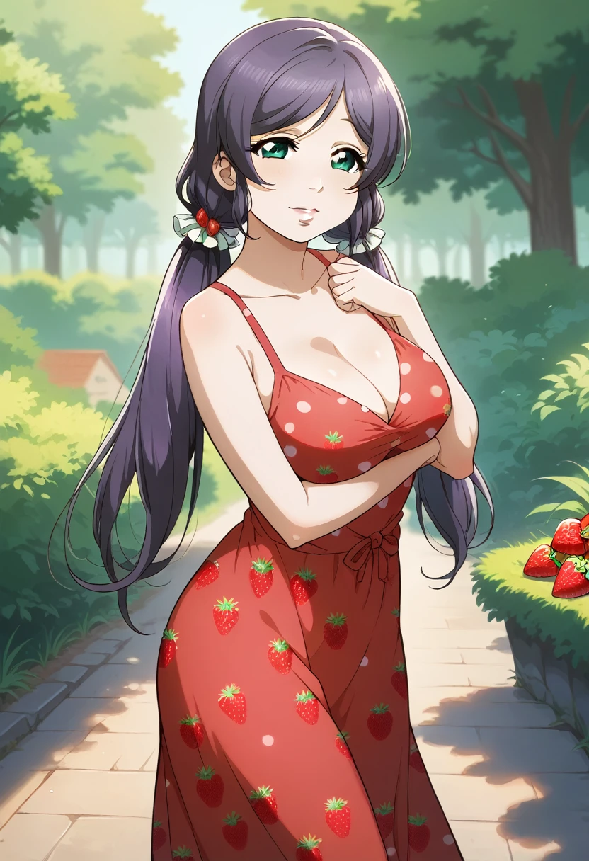 masterpiece, best quality, highres, standing,  toujo nozomi, green eyes,low twintails ,strawberry dress, outdoors, looking at viewer, sexy, sexy pose, sexual arousal,(red lips:0.6), big breasts,thicc body, purple hair, green eyes 