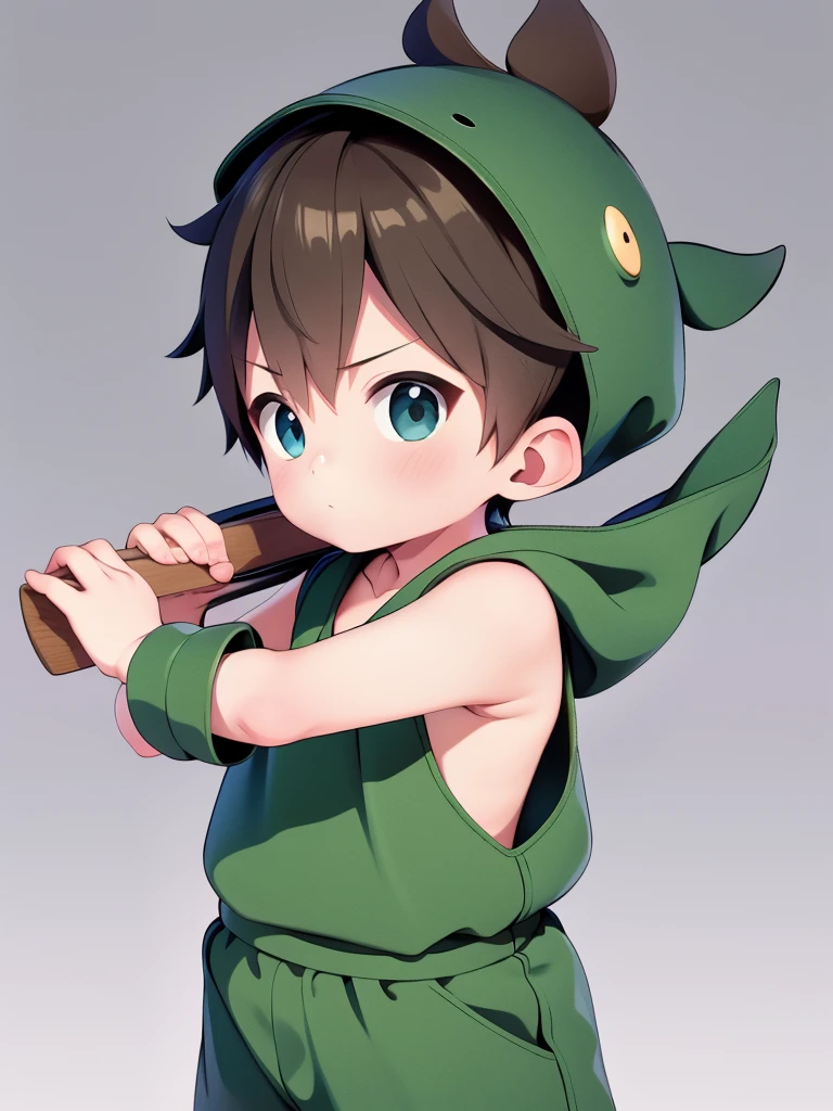 high resolution, masterpiece, Best quality,best quality,high quality, Highly detailed, 1 boy, Shota, Green jumpsuit, Necklace, Sleeveless Hoodie, (Very young boy), (Very small and short body), 12 year old boy, Simple background, A little sweat