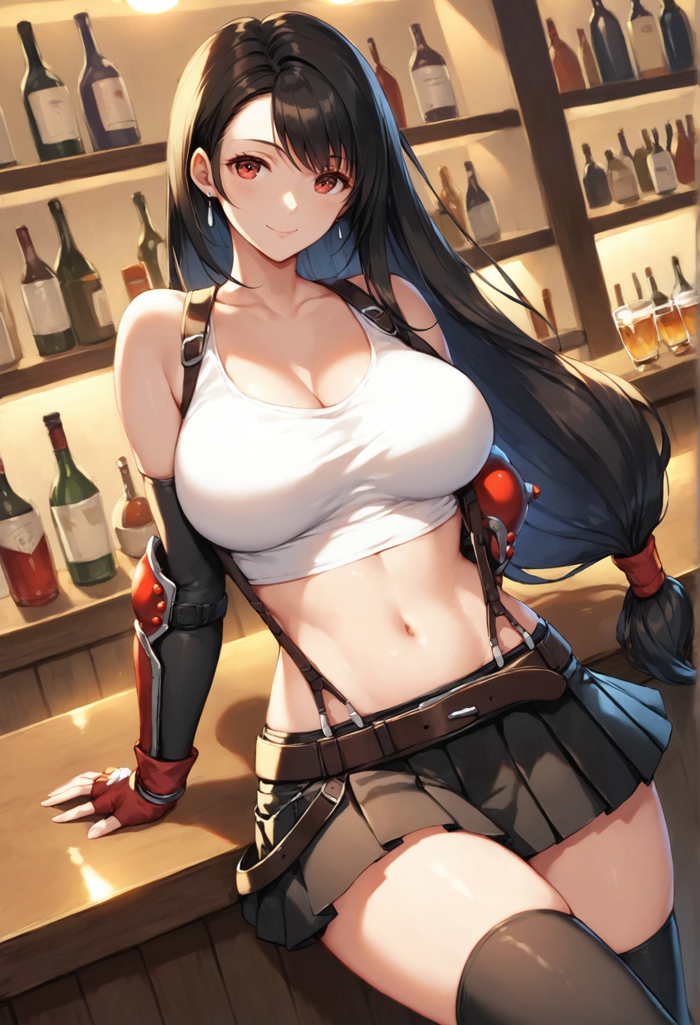 (score_9, score_8_up, score_7_up),  (best quality, masterpiece),perfect anatomy,(aesthetic,very aesthetic),official style,(intricate.hyper-detailed),overall detail, (ultra-high resolution), 1girl, tifa lockhart, final fantasy,(beautiful woman).tareme, black hair, low-tied long hair, red eyes, bangs, white tank top,gap, belt, pleated skirt, thighhighs, elbow fingerless gloves, elbow pads, midriff, navel,suspender skirt.zettai ryouiki ,,(large_breasts:1.2),Solo,mediumshot,looking_at_viewer,contrapposto, vibrant, joyful,cafe and bar, ,Framin,