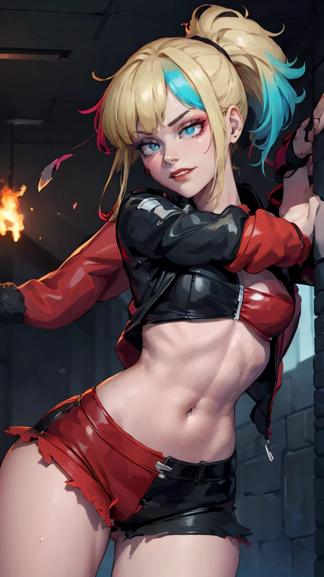 (masterpiece, Best quality), 1 girl, portrait very detailed face,, very sexy, crazy look, smile, hair in ponytails (blue and red hair ponytail),, full length (full body 1.1.), очень feminine, fighting stance, battle, fire, explosions, burning city, Beautiful waist, gloomy composition, flame, fire, Flash, very beautiful, feminine, very sexy, tight leather pants, emphasis on the eyes, emphasis on the face, Beautiful face, (masterpiece, Best quality), Side lighting, beautiful detailed eyes, crazy face), (Best quality), (masterpiece), magic photography, Spectacular lighting, photorealism, ultra detailed, intimate portrait composition, 1. 4,8 K UHD, aesthetic, Cd., a high resolution, 8 K, Better lighting, Best shade, Ultra-HD, a high resolution, Sharp Focus, Complex background, cinematic lighting, ((Landscape view)), 4K block, (Better lighting), ((cinematic lighting)),