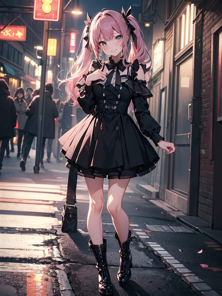 (masterpiece,Super Detail,In 8K,Best Original Score,Moody lighting,Photorealistic,Dynamic Shot:1.5),hatsune miku,Dangerous Vampire,Adult sexy body,Light blue twin tails,smile,Double teeth,A small pink heart on her cheek,Pink and black color fashion,Jirai fashion with very delicate details,Black platform high boots,Beautiful long legs,Beautiful big ,Cute pose,Midnight Downtown,Lots of neon lights,Urban hustle and bustle