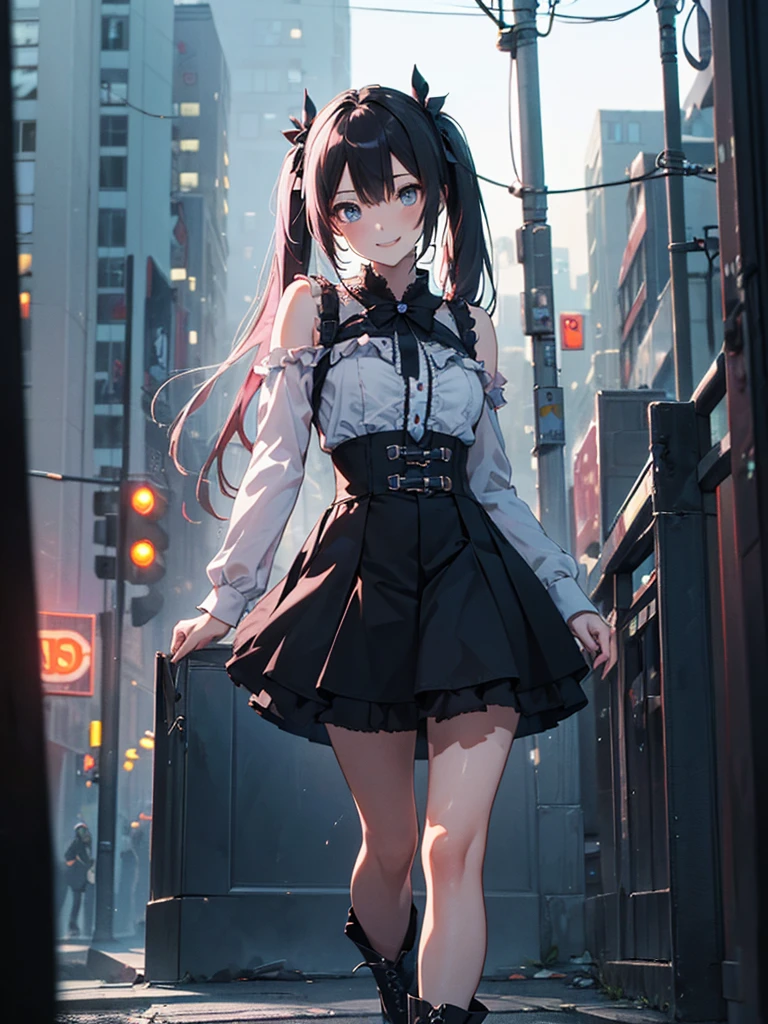 (masterpiece,Super Detail,In 8K,Best Original Score,Moody lighting,Photorealistic,Dynamic Shot:1.5),hatsune miku,Dangerous Vampire,Adult sexy body,Light blue twin tails,smile,Double teeth,A small pink heart on her cheek,Pink and black color fashion,Jirai fashion with very delicate details,Black platform high boots,Beautiful long legs,Beautiful big ,Cute pose,Midnight Downtown,Lots of neon lights,Urban hustle and bustle