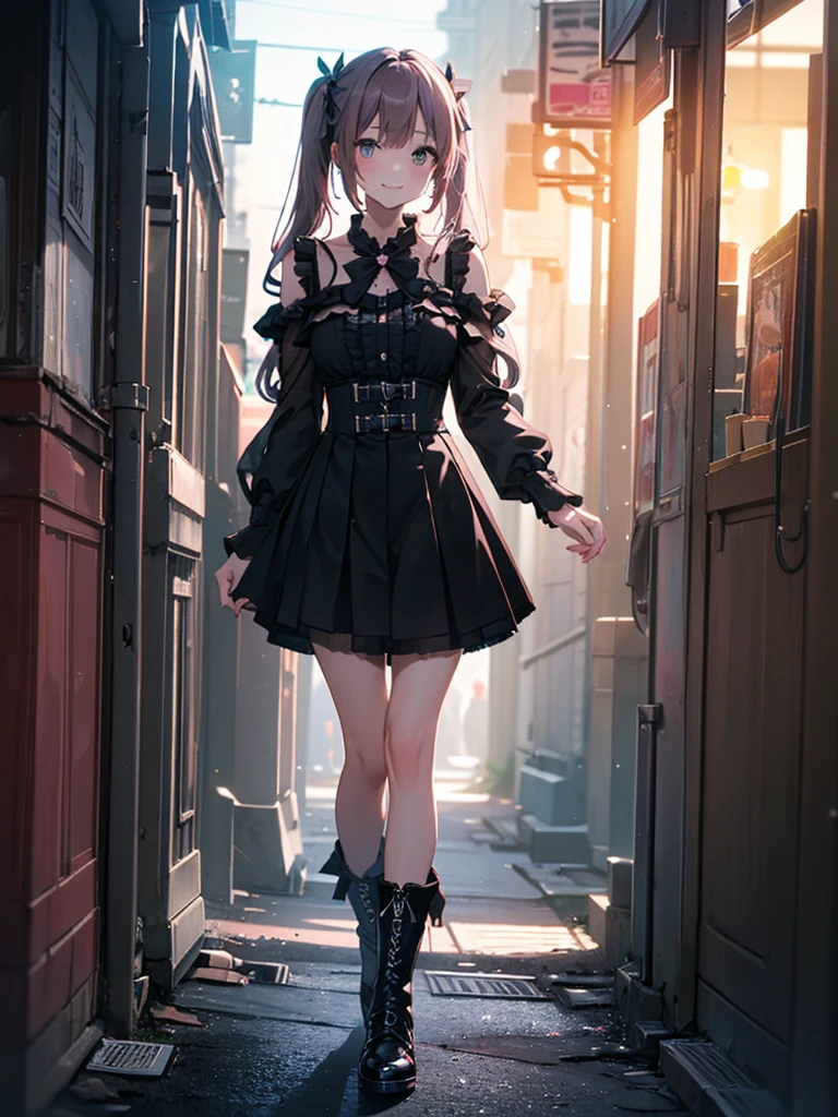 (masterpiece,Super Detail,In 8K,Best Original Score,Moody lighting,Photorealistic,Dynamic Shot:1.5),hatsune miku,Dangerous Vampire,Adult sexy body,Light blue twin tails,smile,Double teeth,A small pink heart on her cheek,Pink and black color fashion,Jirai fashion with very delicate details,Black platform high boots,Beautiful long legs,Beautiful big ,Cute pose,Midnight Downtown,Lots of neon lights,Urban hustle and bustle