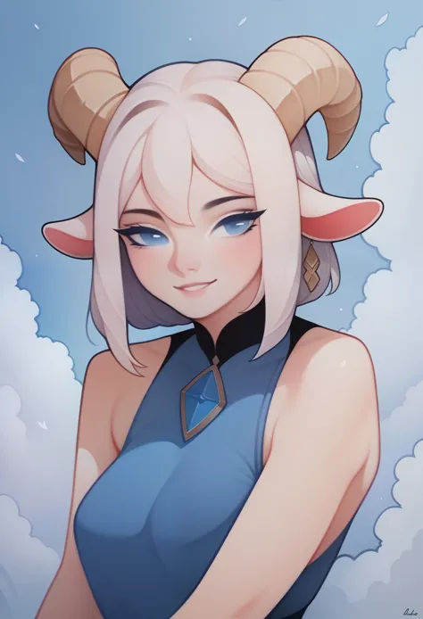 solo, 1girl, white hair, blue eyes, goat horns, 
sitting, looking at viewer, light smile, upper body, 
masterpiece, best quality...