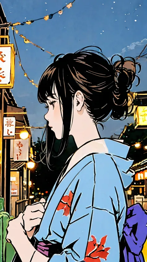 fair、shrine、yukata、Black Hair、profile、Shortcuts、girl、night、Lantern Light、