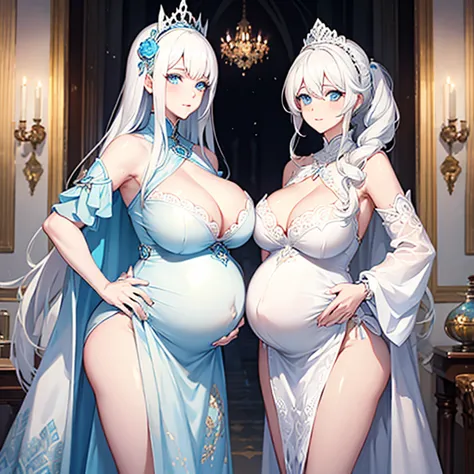 pregnant queen, white hair, blue eyes, ornate light blue dress (white details), cleavage