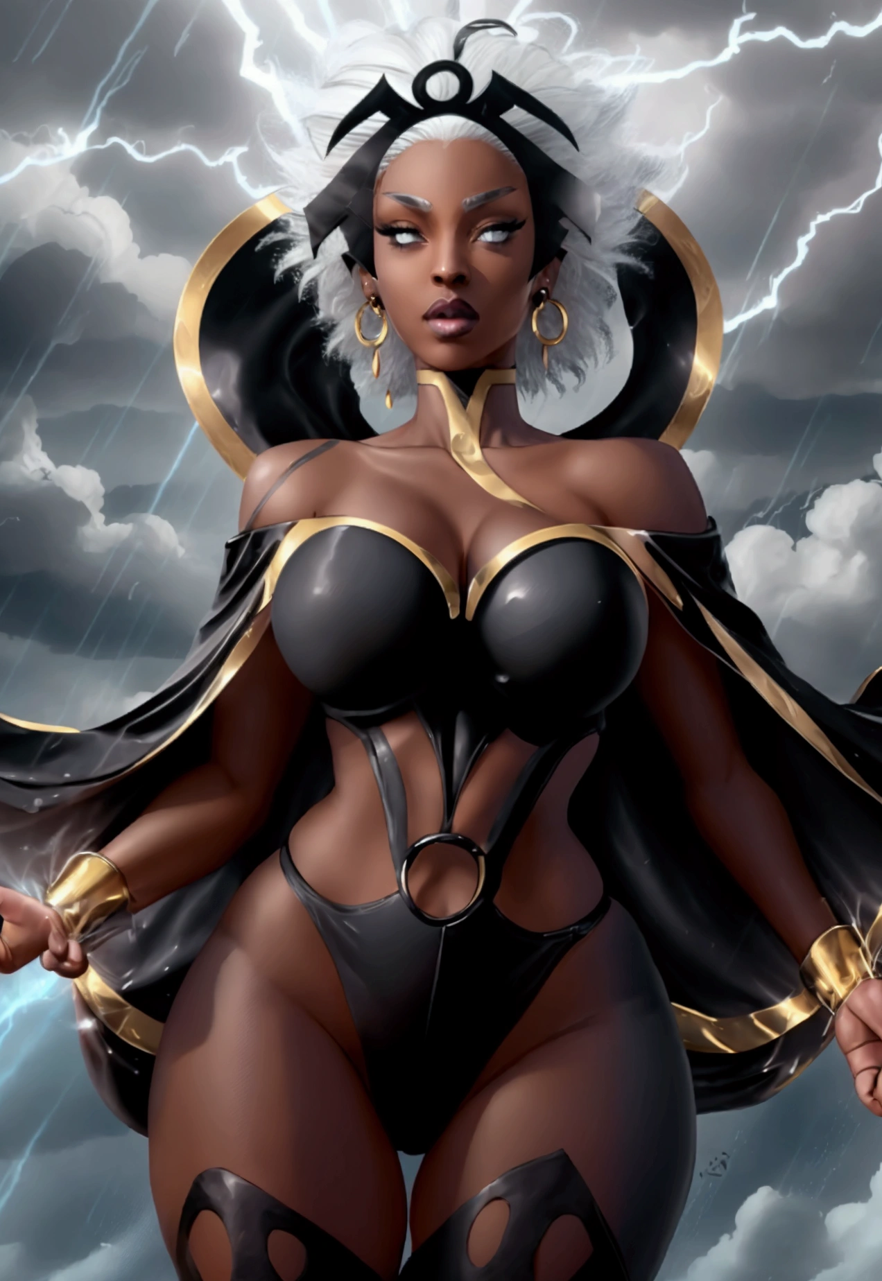 Beautiful and sensual Ororo Monroe in a white gothic warrior. Ororo, cape, thighigs, gloves, white hair, grey eyes, earrings, (Short hair), (strapless, exposed shoulder), (bodysuit),storm, dark skin, brown skin, white hair, ,Ororo, midriff, cape thigh highs gloves, bodysuit earrings short hair