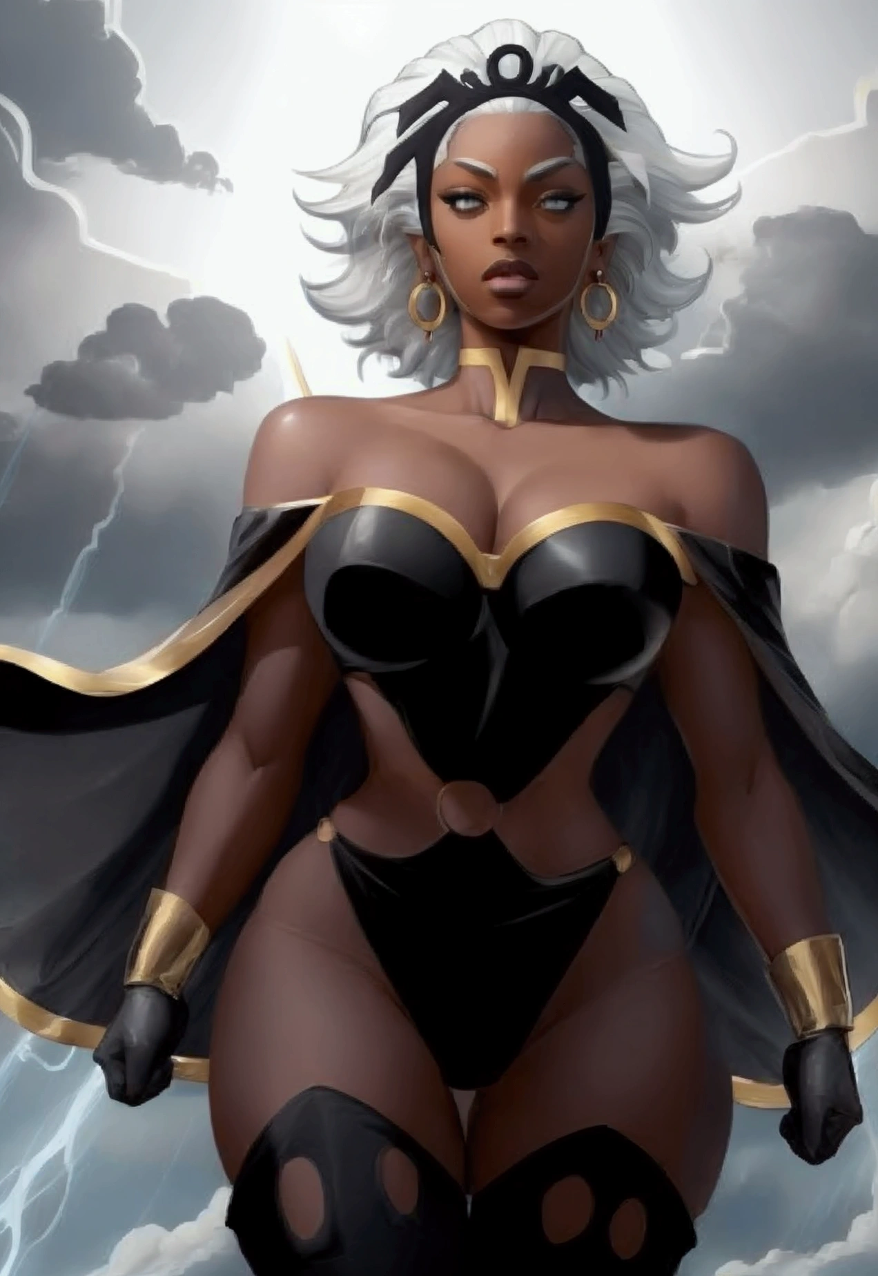 Beautiful and sensual Ororo Monroe in a white gothic warrior. Ororo, cape, thighigs, gloves, white hair, grey eyes, earrings, (Short hair), (strapless, exposed shoulder), (bodysuit),storm, dark skin, brown skin, white hair, ,Ororo, midriff, cape thigh highs gloves, bodysuit earrings short hair