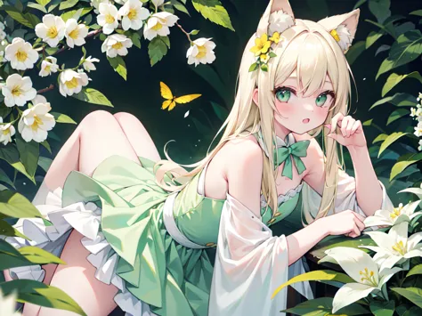 1girl, animal ears, pale blonde hair, ash blonde hair, minty green dress, yellow flowers, mint green flowers, white flowers, blo...