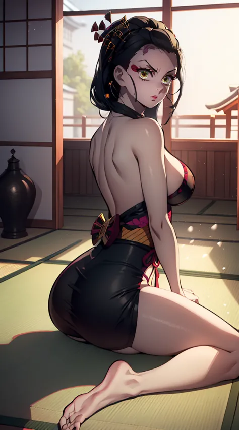 full length (Full body 1.1.), lies on the tatami, One Demon Girl, looks at the camera, Beautiful waist, hands behind your back, ...