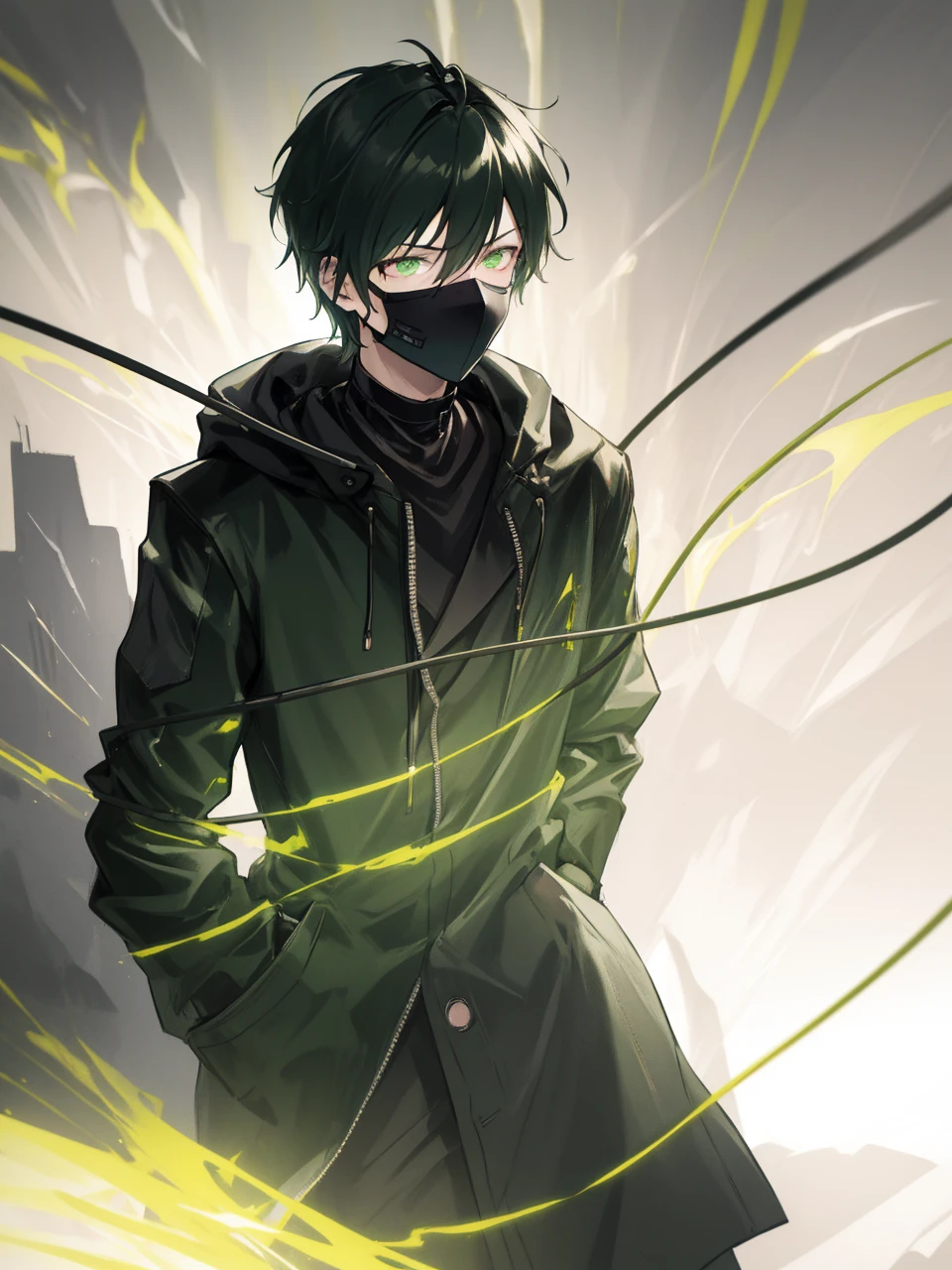 masterpiece, best quality, illustration, science fiction, black green theme, 1boy, solo, male focus, looking down at viewer, hands in pockets, skinny, detailed messy grey hair, glowing green eyes, black techwear coat, black mouth mask, wire, cable, (backlighting), hair_over_one_eye, night, darkness, upper body, gradient hair,