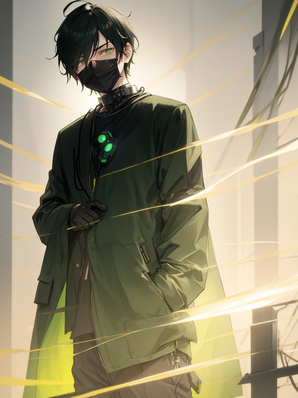 masterpiece, best quality, illustration, science fiction, black green theme, 1boy, solo, male focus, looking down at viewer, hands in pockets, skinny, detailed messy grey hair, glowing green eyes, black techwear coat, black mouth mask, wire, cable, (backlighting), hair_over_one_eye, night, darkness, upper body, gradient hair,