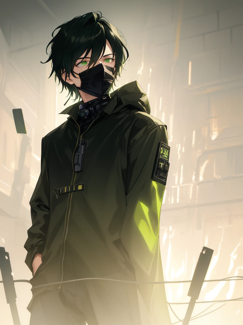 masterpiece, best quality, illustration, science fiction, black green theme, 1boy, solo, male focus, looking down at viewer, hands in pockets, skinny, detailed messy grey hair, glowing green eyes, black techwear coat, black mouth mask, wire, cable, (backlighting), hair_over_one_eye, night, darkness, upper body, gradient hair,