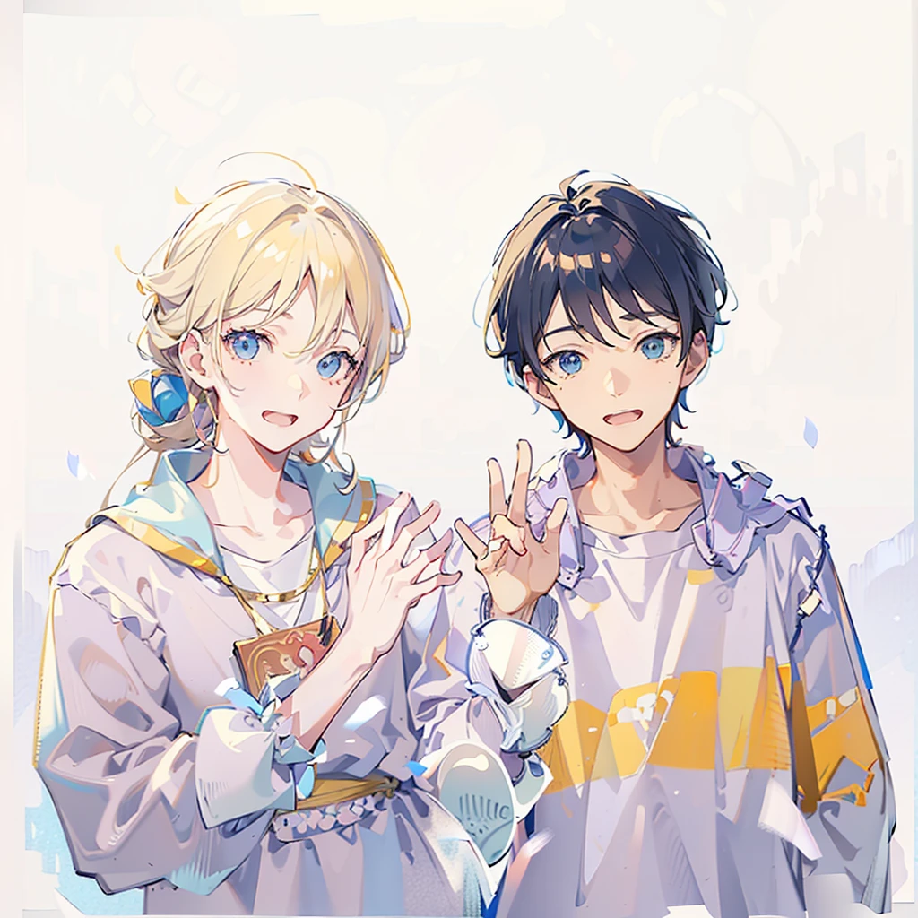 Two boys，lol，Handsome，wink，The person on the left has blond hair，The person on the right has dark blue hair，Open your hands，White background，Standing picture，Hand Painted，Pure white background，White sweatshirt，Simple background in white，8k，Correct human body，Detailed eye painting，illustration，Highest quality，Exquisite，Detailed face，Masterpiece，flat chest，Slim，young，16 years old，High-end，Hand Painted，Official Fanart, Visual novel, Anime style，Girly Romance, Produced by Anime Painter Studio，masterpiece, best quality,, Intricate details, Perfect, Golden Ratio Composition, 8K resolution, High resolution, fair, Vibrant pastel colors