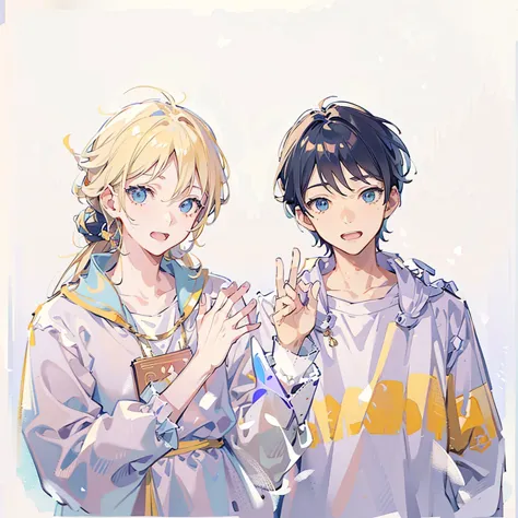 Two boys，lol，Handsome，wink，The person on the left has blond hair，The person on the right has dark blue hair，Open your hands，Whit...