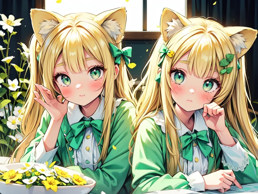 1girl, animal ears, pale blonde hair, ash blonde hair, minty green dress, yellow flowers, mint green flowers, white flowers, blossoms, cute, fun pose, extremely detailed, photorealistic, 8k, high quality, masterpiece, studio lighting, vibrant colors, professional digital art, 1girl, animal ears, pale blonde, ash blonde, minty green, color palette: (yellow, mint, white), flowers, blossoms, cute, extremely detailed, fun pose,lio