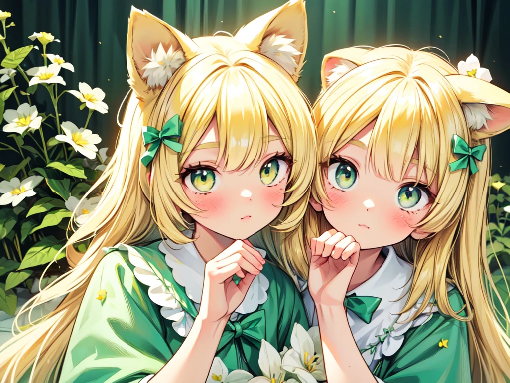 1girl, animal ears, pale blonde hair, ash blonde hair, minty green dress, yellow flowers, mint green flowers, white flowers, blossoms, cute, fun pose, extremely detailed, photorealistic, 8k, high quality, masterpiece, studio lighting, vibrant colors, professional digital art, 1girl, animal ears, pale blonde, ash blonde, minty green, color palette: (yellow, mint, white), flowers, blossoms, cute, extremely detailed, fun pose,lio