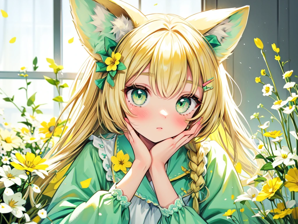 1girl, animal ears, pale blonde hair, ash blonde hair, minty green dress, yellow flowers, mint green flowers, white flowers, blossoms, cute, fun pose, extremely detailed, photorealistic, 8k, high quality, masterpiece, studio lighting, vibrant colors, professional digital art, 1girl, animal ears, pale blonde, ash blonde, minty green, color palette: (yellow, mint, white), flowers, blossoms, cute, extremely detailed, fun pose,lio