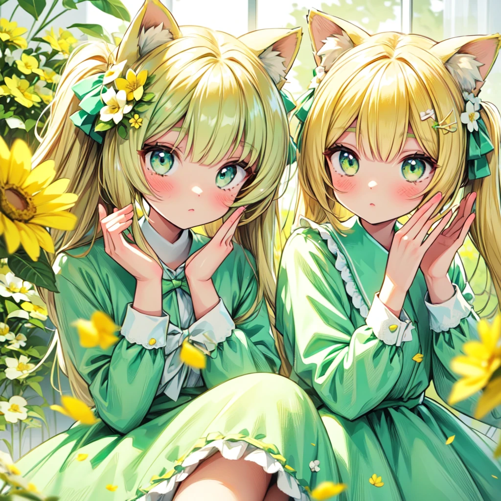 1girl, animal ears, pale blonde hair, ash blonde hair, minty green dress, yellow flowers, mint green flowers, white flowers, blossoms, cute, fun pose, extremely detailed, photorealistic, 8k, high quality, masterpiece, studio lighting, vibrant colors, professional digital art, 1girl, animal ears, pale blonde, ash blonde, minty green, color palette: (yellow, mint, white), flowers, blossoms, cute, extremely detailed, fun pose,lio