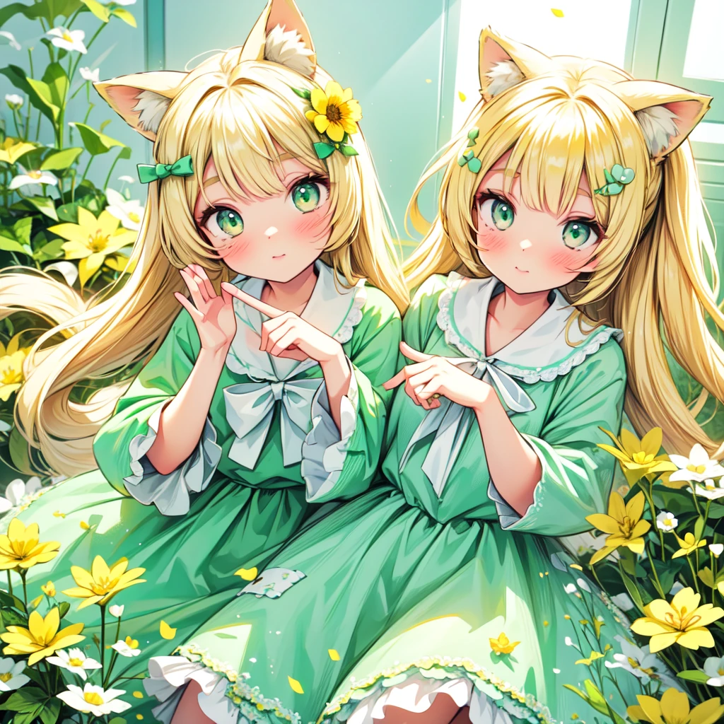 1girl, animal ears, pale blonde hair, ash blonde hair, minty green dress, yellow flowers, mint green flowers, white flowers, blossoms, cute, fun pose, extremely detailed, photorealistic, 8k, high quality, masterpiece, studio lighting, vibrant colors, professional digital art, 1girl, animal ears, pale blonde, ash blonde, minty green, color palette: (yellow, mint, white), flowers, blossoms, cute, extremely detailed, fun pose,lio