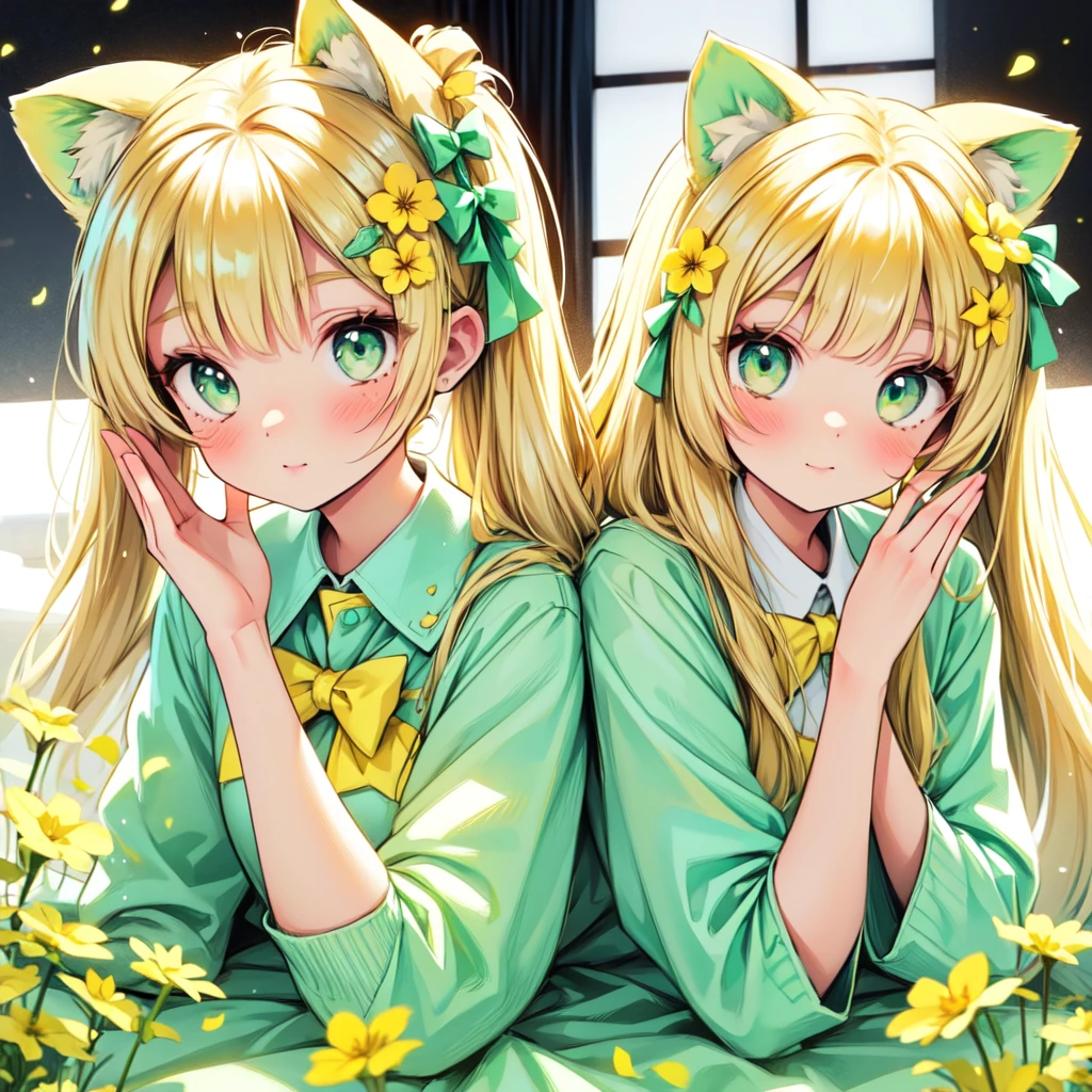 1girl, animal ears, pale blonde hair, ash blonde hair, minty green dress, yellow flowers, mint green flowers, white flowers, blossoms, cute, fun pose, extremely detailed, photorealistic, 8k, high quality, masterpiece, studio lighting, vibrant colors, professional digital art, 1girl, animal ears, pale blonde, ash blonde, minty green, color palette: (yellow, mint, white), flowers, blossoms, cute, extremely detailed, fun pose,lio