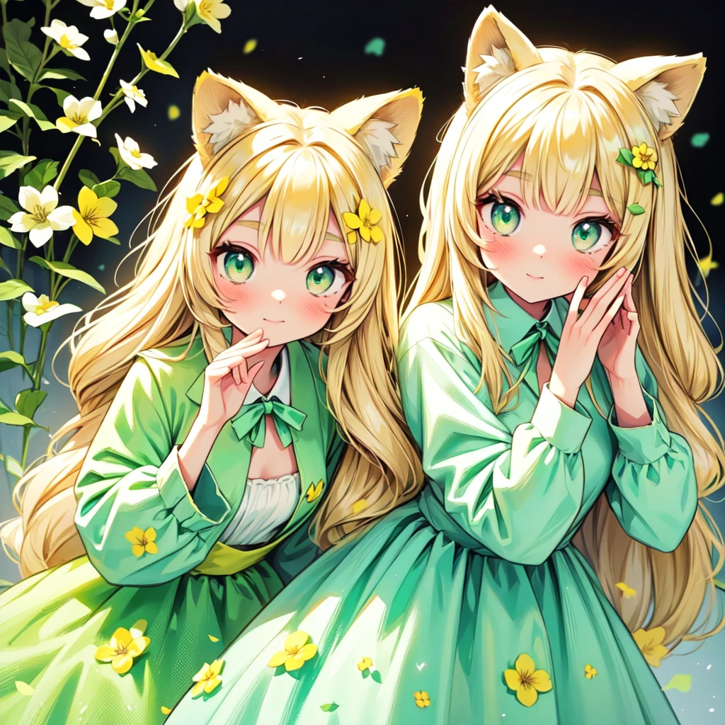 1人の女の子, 動物の耳, 淡いブロンド hair, アッシュブロンド hair, としてy green dress, 黄色 フラワーズ, として green フラワーズ, 白 フラワーズ, 花が咲く, かわいい, 楽しいポーズ, 非常に詳細な, 写実的な, 8K, 高品質, 傑作, スタジオ照明, 鮮やかな色彩, プロフェッショナルデジタルアート, 1人の女の子, 動物の耳, 淡いブロンド, アッシュブロンド, としてy green, カラーパレット: (黄色, として, 白), フラワーズ, 花が咲く, かわいい, 非常に詳細な, 楽しいポーズ,リオ