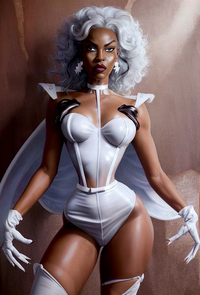 Beautiful and sensual Ororo Monroe in a white gothic warrior. Ororo, cape, thighigs, gloves, white hair, grey eyes, earrings, (Short hair), (strapless, exposed shoulder), (bodysuit),storm, dark skin, brown skin, white hair, ,Ororo, midriff, cape thigh highs gloves, bodysuit earrings short hair