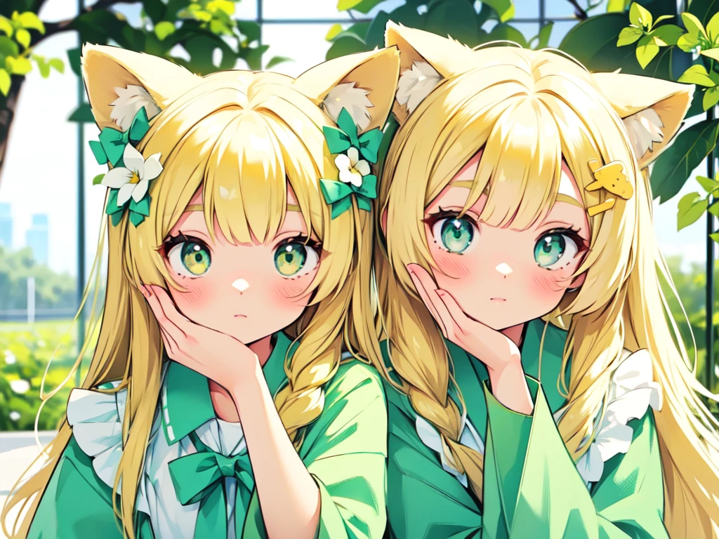 1girl, animal ears, pale blonde hair, ash blonde hair, minty green dress, yellow flowers, mint green flowers, white flowers, blossoms, cute, fun pose, extremely detailed, photorealistic, 8k, high quality, masterpiece, studio lighting, vibrant colors, professional digital art, 1girl, animal ears, pale blonde, ash blonde, minty green, color palette: (yellow, mint, white), flowers, blossoms, cute, extremely detailed, fun pose,lio