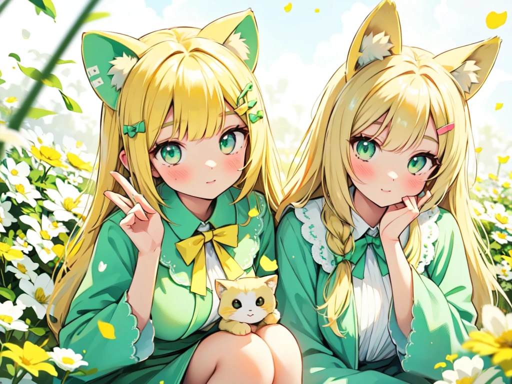 1girl, animal ears, pale blonde hair, ash blonde hair, minty green dress, yellow flowers, mint green flowers, white flowers, blossoms, cute, fun pose, extremely detailed, photorealistic, 8k, high quality, masterpiece, studio lighting, vibrant colors, professional digital art, 1girl, animal ears, pale blonde, ash blonde, minty green, color palette: (yellow, mint, white), flowers, blossoms, cute, extremely detailed, fun pose,lio