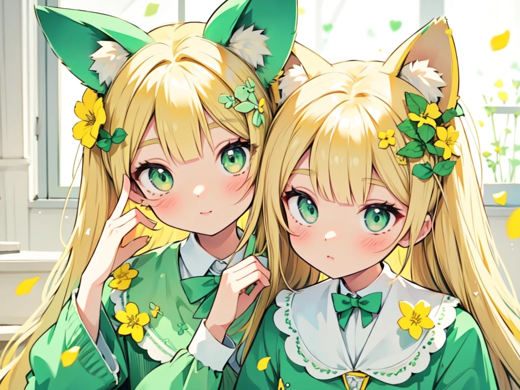 1girl, animal ears, pale blonde hair, ash blonde hair, minty green dress, yellow flowers, mint green flowers, white flowers, blossoms, cute, fun pose, extremely detailed, photorealistic, 8k, high quality, masterpiece, studio lighting, vibrant colors, professional digital art, 1girl, animal ears, pale blonde, ash blonde, minty green, color palette: (yellow, mint, white), flowers, blossoms, cute, extremely detailed, fun pose,lio