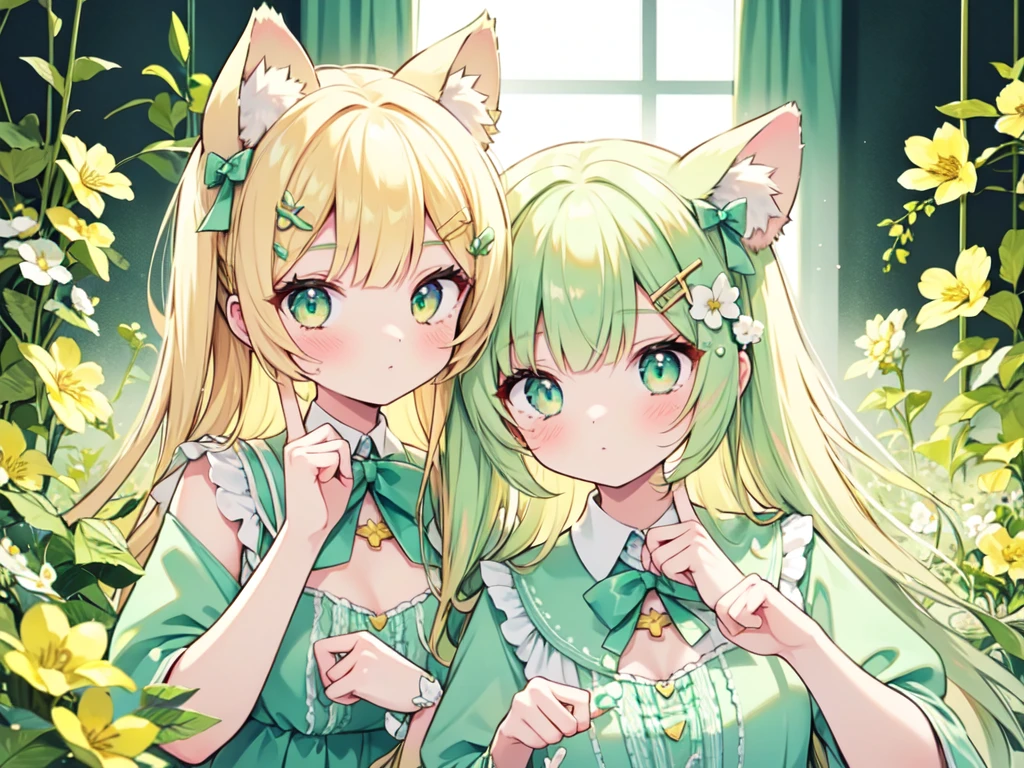 1人の女の子, 動物の耳, 淡いブロンド hair, アッシュブロンド hair, としてy green dress, 黄色 フラワーズ, として green フラワーズ, 白 フラワーズ, 花が咲く, かわいい, 楽しいポーズ, 非常に詳細な, 写実的な, 8K, 高品質, 傑作, スタジオ照明, 鮮やかな色彩, プロフェッショナルデジタルアート, 1人の女の子, 動物の耳, 淡いブロンド, アッシュブロンド, としてy green, カラーパレット: (黄色, として, 白), フラワーズ, 花が咲く, かわいい, 非常に詳細な, 楽しいポーズ,リオ