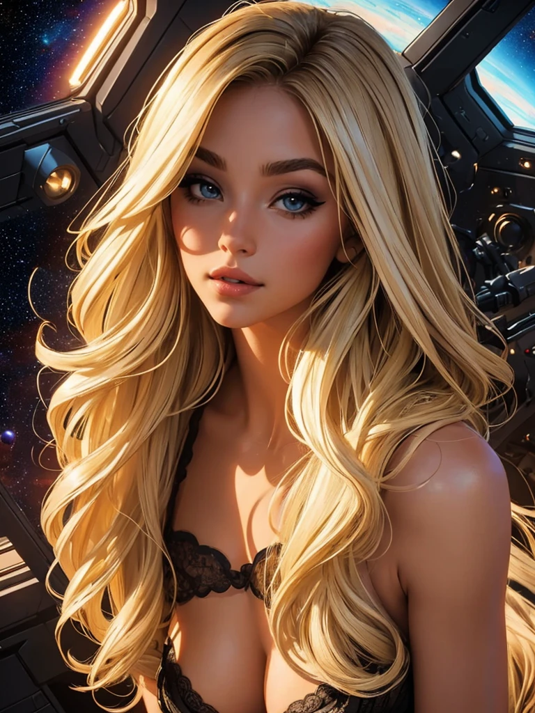 1girl,a beautiful fashion model ,(masterpiece, detailed background, best quality), shiny shoulder length hair, light blonde hair with blonde highlights dark roots, ,smirk,juicy lips, full lips, calmart, lingerie, stripping, elegant makeup, sci fi environment,(space cruise)