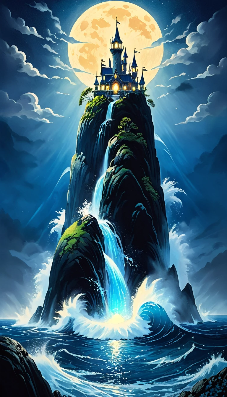 A huge cliff in the middle of the sea(There are rough waves and spray under the cliff)，A mysterious island with a waterfall in the middle，There is a crystal castle on the mysterious island surrounded by mountains.(Emits a very bright blue light)The light of the gods shines. There is a huge bluish full moon in the background. There is a very thick mist. The atmosphere is mysterious, majestic and majestic., Surrealism, Luminism art aesthetic magical landscape, Intricate Fantasy Paintings, Detailed Fantasy Art Fantasy Illustrator Mystical Illusion Art, Extremely detailed dream scenes, perfectly composed, intricately detailed, meticulous digital art