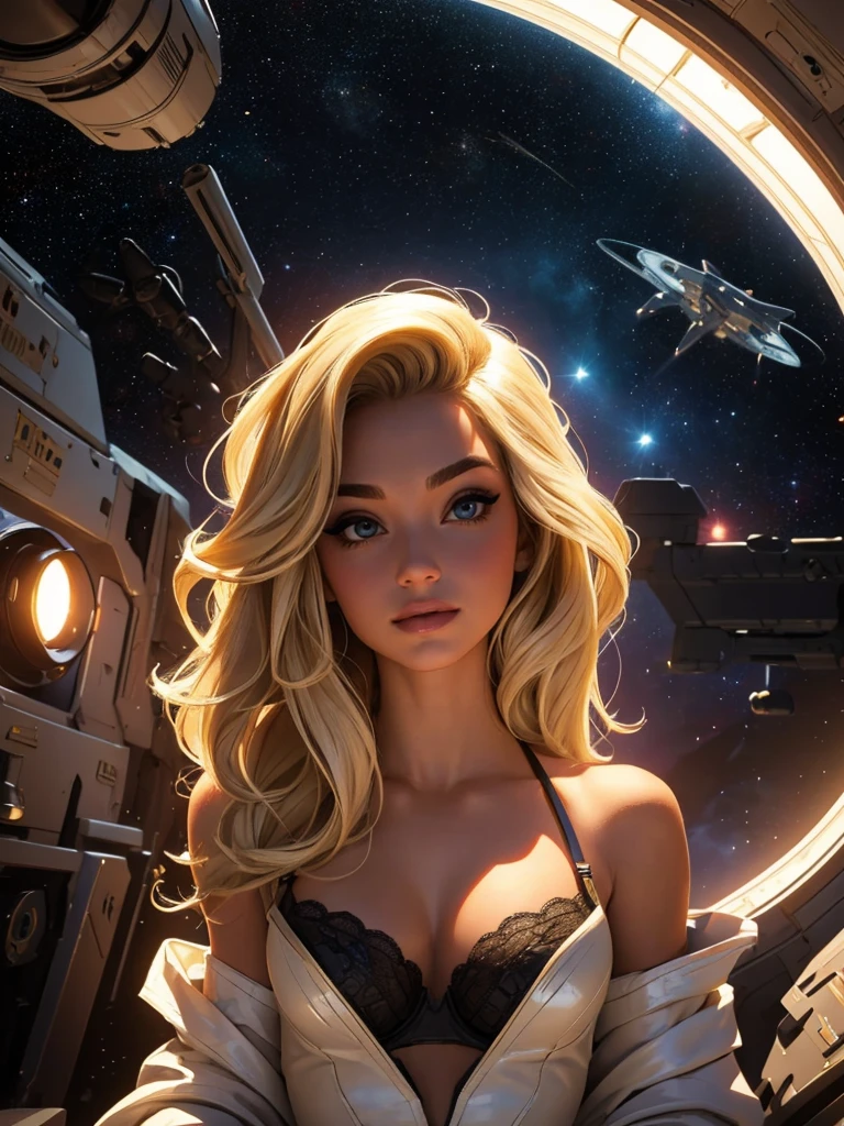 1girl,a beautiful fashion model ,(masterpiece, detailed background, best quality), shiny shoulder length hair, light blonde hair with blonde highlights dark roots, ,smirk,juicy lips, full lips, calmart, lingerie, stripping, elegant makeup, sci fi environment,(space cruise)