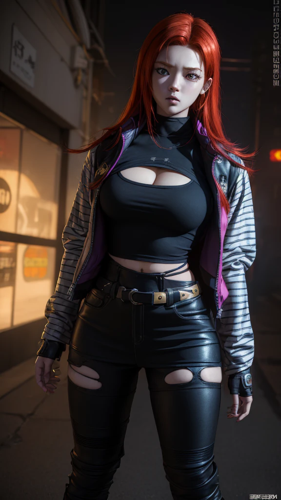 a woman with long red hair and a colorful shirt posing, cyberpunk art by Kentaro Miura, Trends in CG society, digital art, wearing cyberpunk jacket 2 0 7 7, artwork in the style of guweiz, cyberpunk anime girl, Brigitte de Overwatch, lovely Brigitte de Overwatch, 3d realistic anime style., cosplay chica anime, digital art del anime cyberpunk