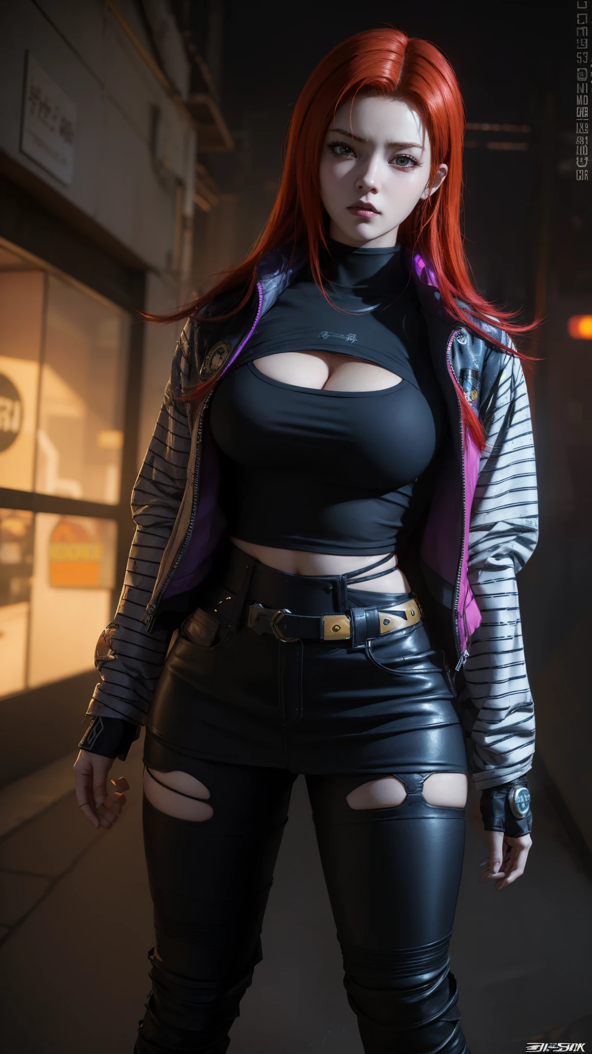 a woman with long red hair and a colorful shirt posing, cyberpunk art by Kentaro Miura, Trends in CG society, digital art, wearing cyberpunk jacket 2 0 7 7, artwork in the style of guweiz, cyberpunk anime girl, Brigitte de Overwatch, lovely Brigitte de Overwatch, 3d realistic anime style., cosplay chica anime, digital art del anime cyberpunk