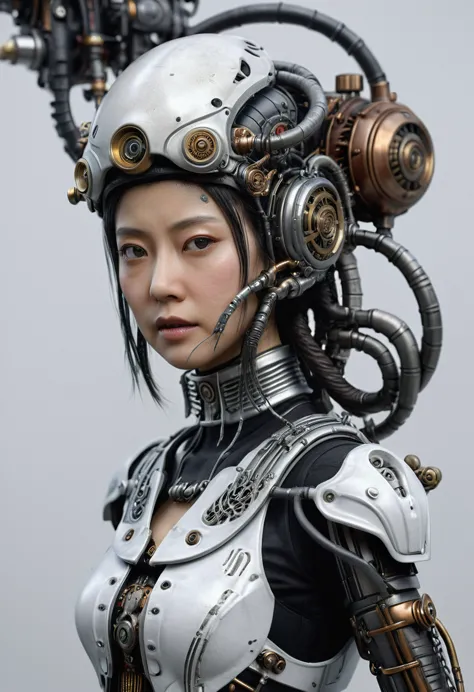 ohwx japanese women, a steam punk cyborg, front view, white background, unreal engine, inspired by hr giger, half body portrait,...