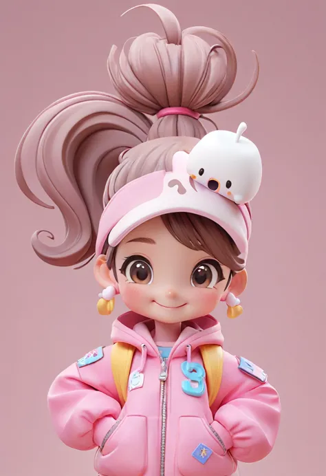 wearing a ponytail、marshmallow in hand、cartoon girl in pink jacket, 3d rendering of a cute smiling, cute cartoon characters, ren...