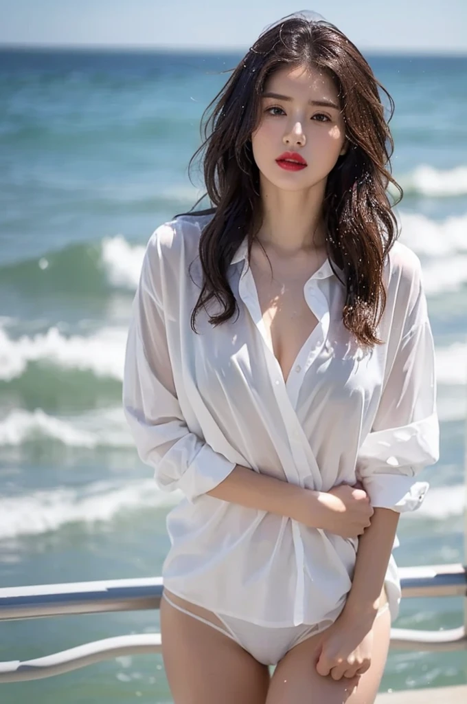 (Gray background、pubic hair、Large Breasts、Thighs、Red lipstick、(((Glaring)))、Curly Hair、Disheveled Hair、Cute woman、high school girl、White shirt、Navy frill mile、Open chest shirt、A wet shirt with underwear showing through、Wet Hair、Gazing at the sea、