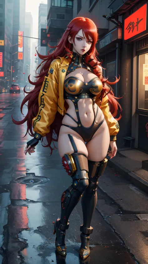 a woman with long red hair and a colorful shirt posing, cyberpunk art by Kentaro Miura, Trends in CG society, digital art, weari...