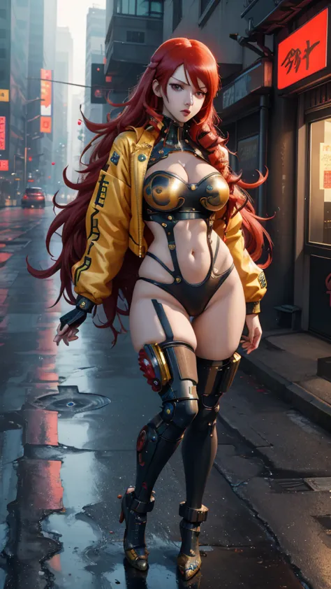 a woman with long red hair and a colorful shirt posing, cyberpunk art by kentaro miura, trends in cg society, digital art, weari...