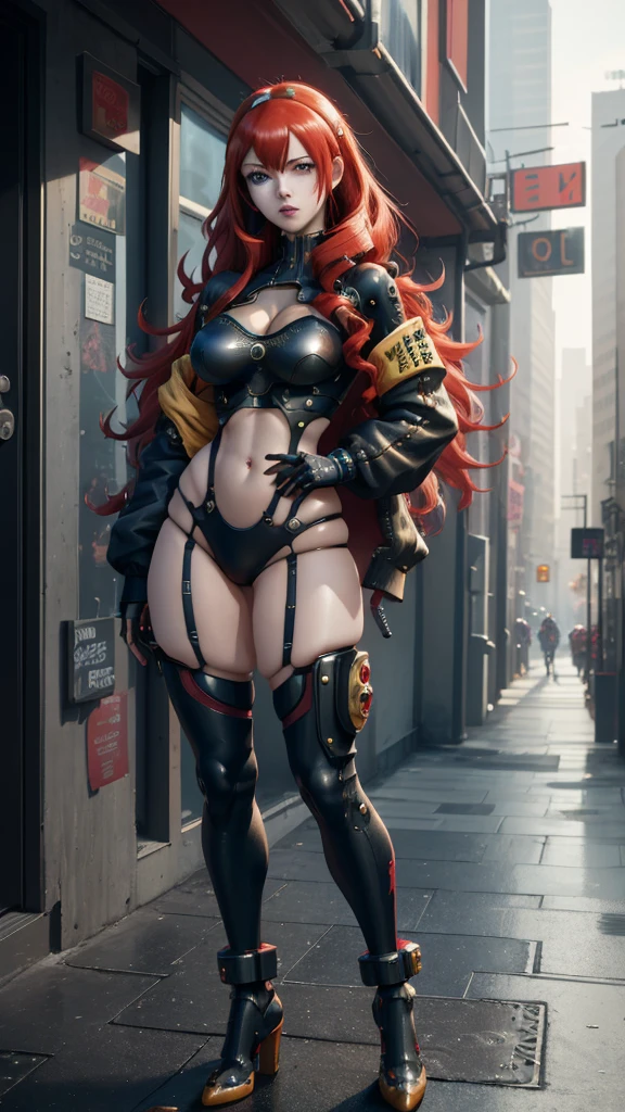 a woman with long red hair and a colorful shirt posing, cyberpunk art by Kentaro Miura, Trends in CG society, digital art, wearing cyberpunk jacket 2 0 7 7, artwork in the style of guweiz, cyberpunk anime girl, Brigitte de Overwatch, lovely Brigitte de Overwatch, 3d realistic anime style., cosplay chica anime, digital art del anime cyberpunk