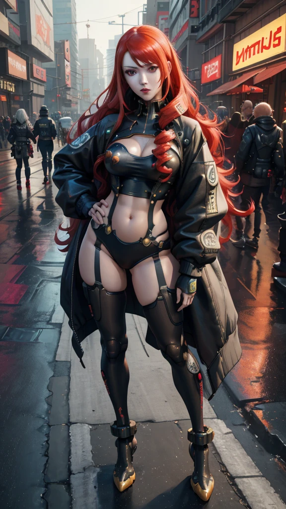 a woman with long red hair and a colorful shirt posing, cyberpunk art by Kentaro Miura, Trends in CG society, digital art, wearing cyberpunk jacket 2 0 7 7, artwork in the style of guweiz, cyberpunk anime girl, Brigitte de Overwatch, lovely Brigitte de Overwatch, 3d realistic anime style., cosplay chica anime, digital art del anime cyberpunk