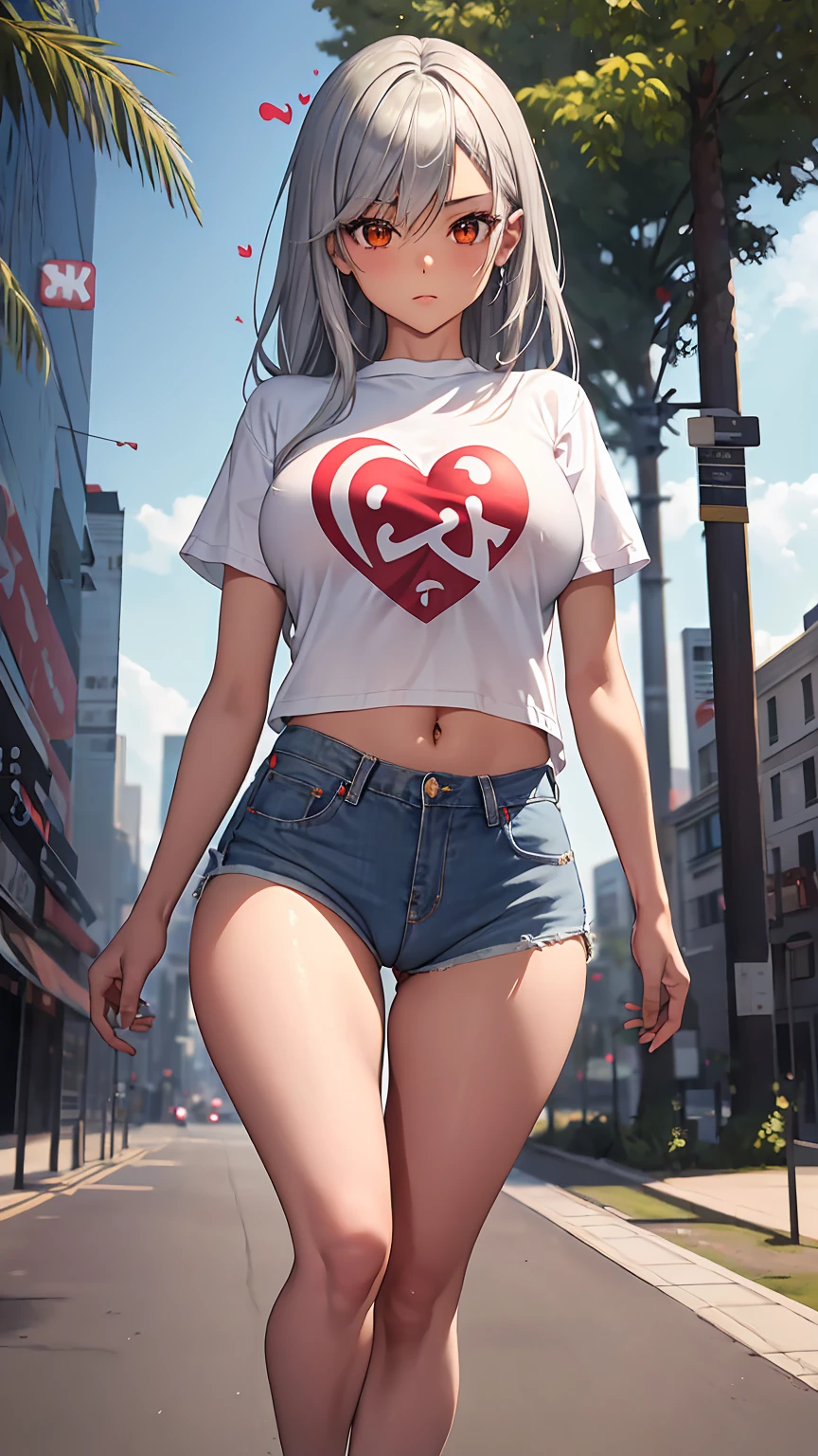 1girl, anime girl, anime, (dark skin), 2d girl, 16y, (fullbody), standing, anime girl, pensive, (silver hair), ((large shirt with a red heart printed on it)), Solo, Slim, large breasts, big , big Breasts, Tight Shorts, low waist shorts, upshorts, skyscrapers background, modern city, looking at viewer, darker shadows, (((Wedgie))), (((explicit))), (((shorts))), (((absurdres))), (((thigh gap))), (((cameltoe))), (((cleft of venus))), (((lowleg shorts))), 